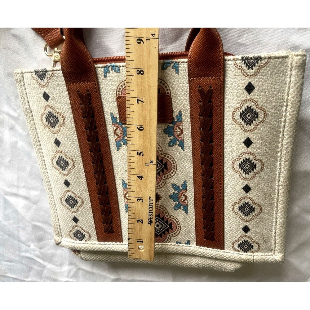 Boho Aztec Canvas Tote Bag Cream Brown Southwestern Print Crossbody Shoulder